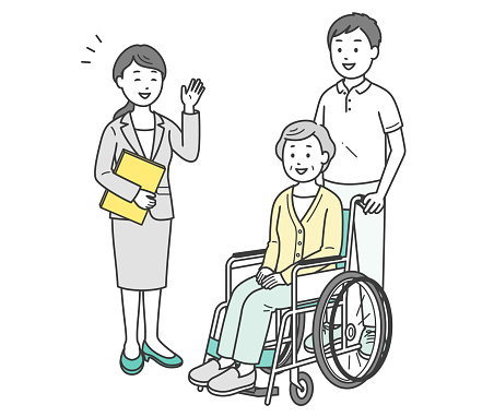 Illustration of an elderly woman and a caregiver receiving explanations from a care manager