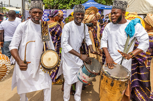 Yoruba street drummers performing at Abeokuta, Ogun State, during the 2024 Lisabi Festival. shot 9th March 2024.