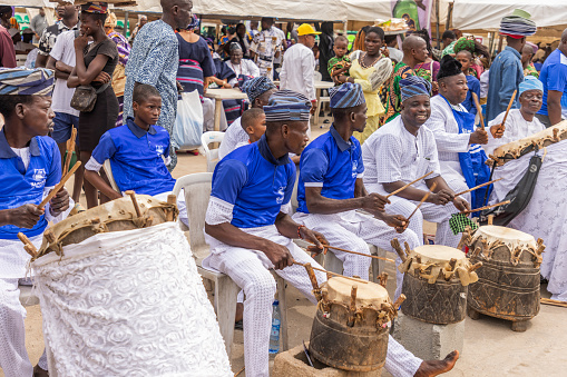 Yoruba street drummers performing at Abeokuta, Ogun State, during the 2024 Lisabi Festival. shot 9th March 2024