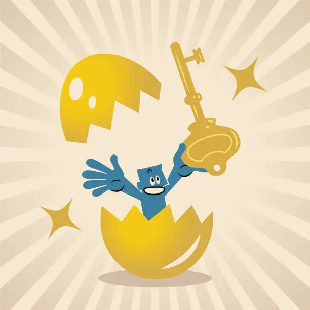 Vector illustration of A man with a golden key is born from a cracked golden egg