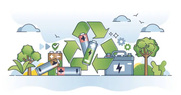 Vector illustration of Battery recycling and old used alkaline accumulators reuse outline concept