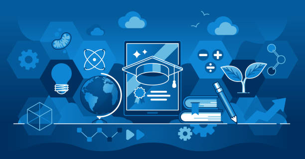 EdTech or educational technology with learning from distance outline concept EdTech or educational technology with learning from distance outline concept. Remote teaching with digital academic materials and library vector illustration. Information network and online courses. lecture theatre modern stock illustrations