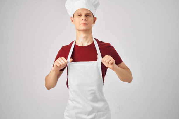 handsome male chef wearing white apron professional work uniform