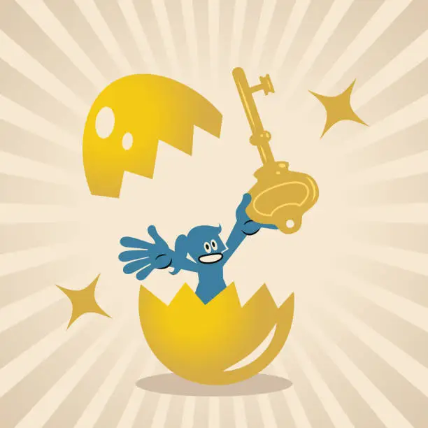 Vector illustration of A woman with a golden key is born from a cracked golden egg