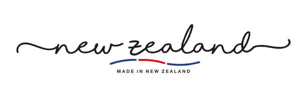 Vector illustration of Made in New Zealand handwritten calligraphic lettering logo sticker flag ribbon banner