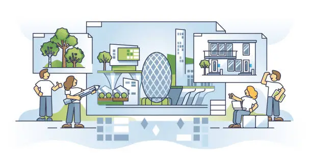 Vector illustration of Urban planning and sustainable downtown architecture project outline concept