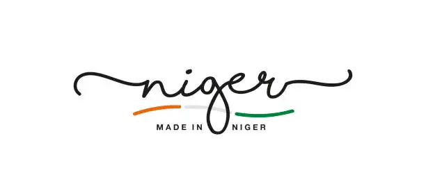 Vector illustration of Made in Niger handwritten calligraphic lettering logo sticker flag ribbon banner