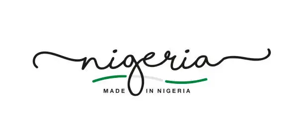 Vector illustration of Made in Nigeria handwritten calligraphic lettering logo sticker flag ribbon banner