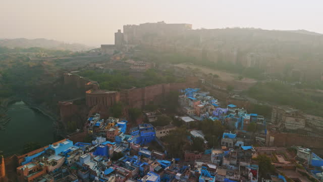Aerial view of Mehrangarh fort and Jodhpur blue city at sunset, Rajasthan