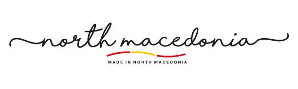 Vector illustration of Made in North Macedonia handwritten calligraphic lettering logo sticker flag ribbon banner