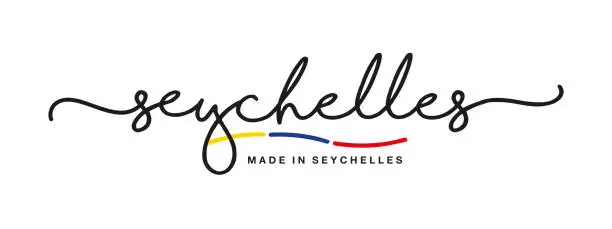Vector illustration of Made in Seychelles handwritten calligraphic lettering logo sticker flag ribbon banner