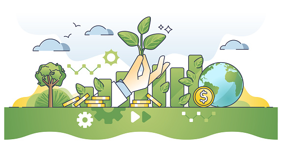 Impact investing and nature friendly or sustainable funding outline concept. Ethical business model with green and environmental goal vector illustration. Financial profit with ecological project.