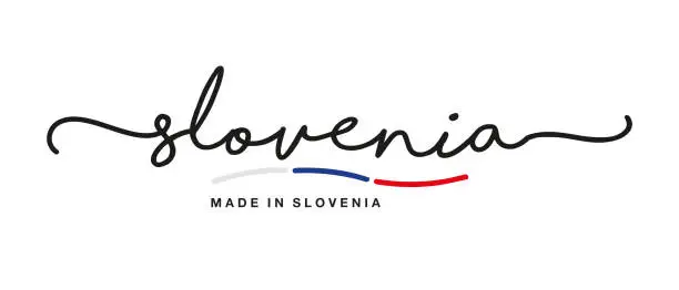 Vector illustration of Made in Slovenia handwritten calligraphic lettering logo sticker flag ribbon banner