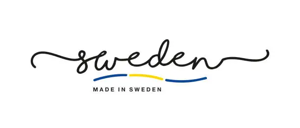 Vector illustration of Made in Sweden handwritten calligraphic lettering logo sticker flag ribbon banner