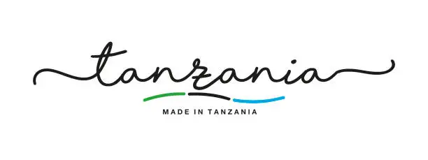 Vector illustration of Made in Tanzania handwritten calligraphic lettering logo sticker flag ribbon banner