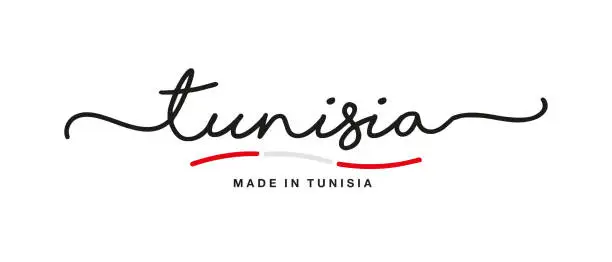 Vector illustration of Made in Tunisia handwritten calligraphic lettering logo sticker flag ribbon banner