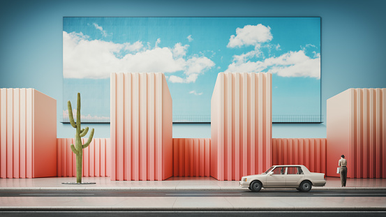 A surreal desert stage set street in pastel colors. All objects in the scene are 3D