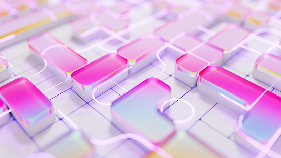 Abstract background of colorful square shapes connected by glowing lines, selective focus
