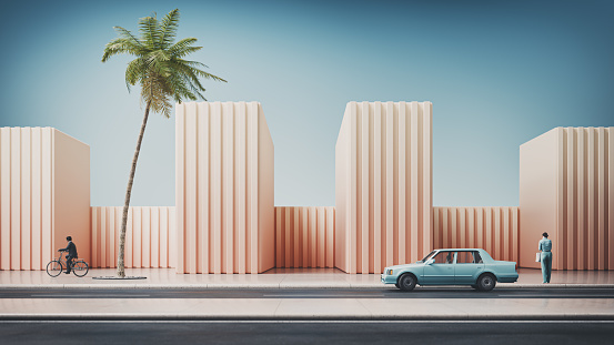 A surreal tropical street in pastel colors. All objects in the scene are 3D