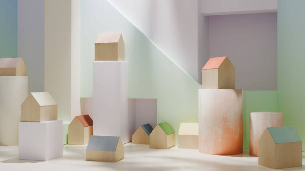 Wooden toy houses on display in a studio