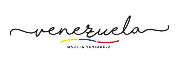 Vector illustration of Made in Venezuela handwritten calligraphic lettering logo sticker flag ribbon banner