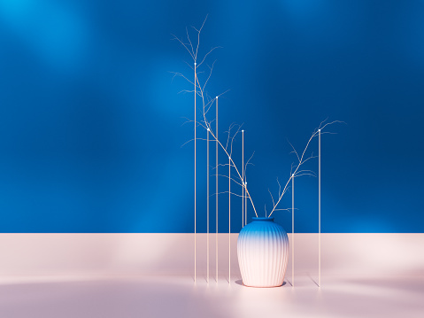 Vase against a simple background, lines connecting glowing lights on branches with floor