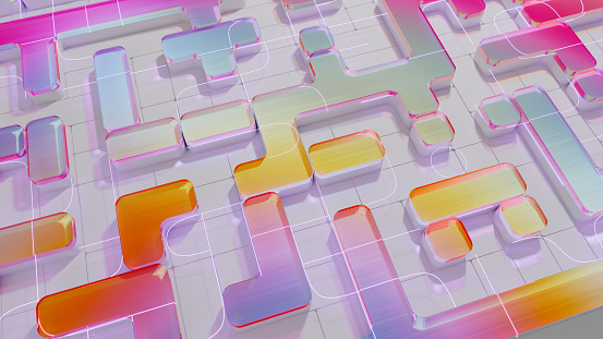 Abstract background of colorful square shapes connected by glowing lines, selective focus