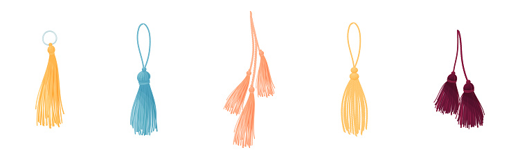 Tassel for Fabric and Clothing Decoration with Braided Cord and Yarn Skirt Vector Set. Finishing Ornament for Textile Concept