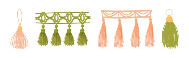 Vector illustration of Tassel for Fabric and Clothing Decoration with Braided Cord and Yarn Skirt Vector Set