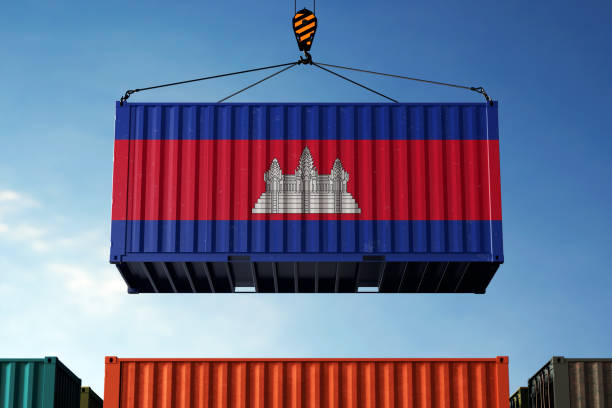 istock Cambodia trade cargo container hanging against clouds background 2079571250