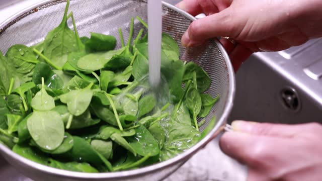 woman hands washing baby spinach in kitchen sink close-up