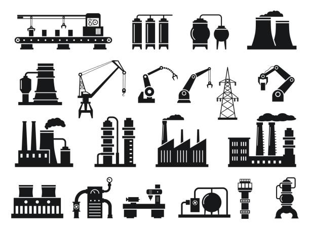 ilustraciones, imágenes clip art, dibujos animados e iconos de stock de siluetas de fábricas industriales. iconos de maquinaria y fabricación, centrales eléctricas, cintas transportadoras, grúas y brazos robóticos conjunto de ilustración vectorial - herramientas de fabricación