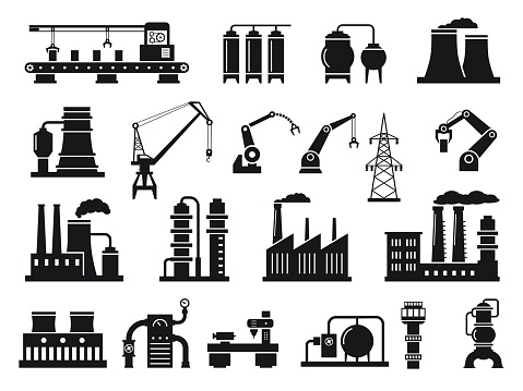 Industrial factory silhouettes. Machinery and manufacturing icons, power plants, conveyor belts, cranes and robotic arms vector illustration set. Engineering and production isolated black symbols