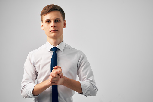 man in shirt with tie we start work office posing. High quality photo