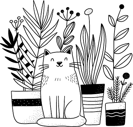 Cute funny cat sitting amount potted plant, closed eyes, happy face, hand-drawn doodle illustration, black lines on white background. Doodle style greeting card with a cute cat among house plants