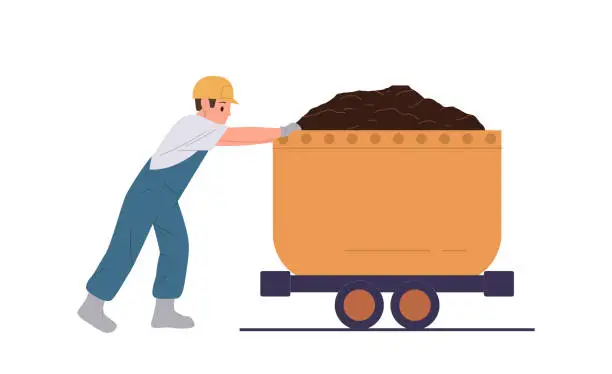 Vector illustration of Man worker cartoon character transporting extracted ore in wagon engaged in coal mining in mine