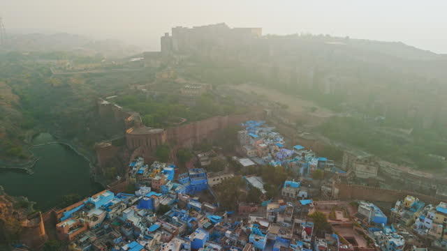 Aerial view of Mehrangarh fort and Jodhpur blue city at sunset, Rajasthan