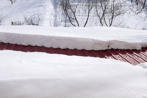 A close up of window dormers covered in snow under a clear blue sky.