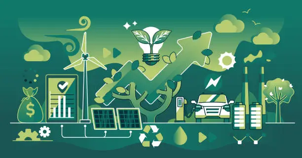 Vector illustration of Sustainable green business with sustainable principles dark outline concept