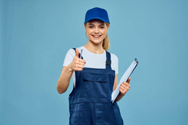 istock Woman in working form paperwork rendering services career office blue background 2079650369
