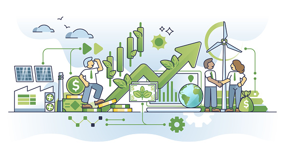 Green finance and impact investing for sustainable business outline concept. Environmental investment evaluation with renewable resources consumption vector illustration. Economy and climate goal.