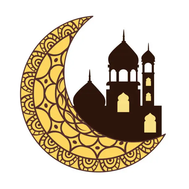 Vector illustration of crescent moon and mosque