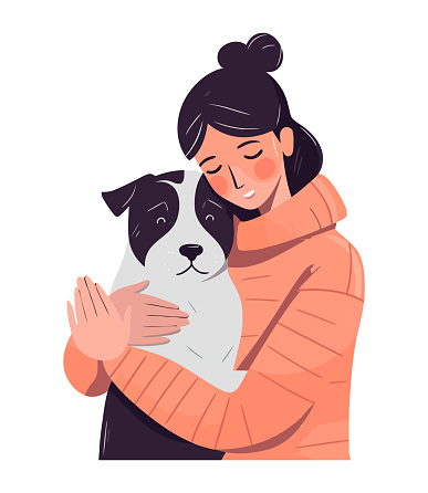 Affectionate woman embracing cute puppy icon isolated