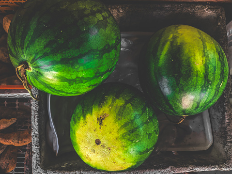 The Photos captures the essence of ripe watermelons ready for sale at an outdoor market or farm stand, highlighted by the presence of dried leaves and the natural setting.