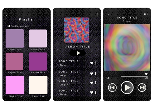 Mockup template for music player and display application charts for the mobile application. Music playlist Template with solid color theme and maze pattern with white background.
