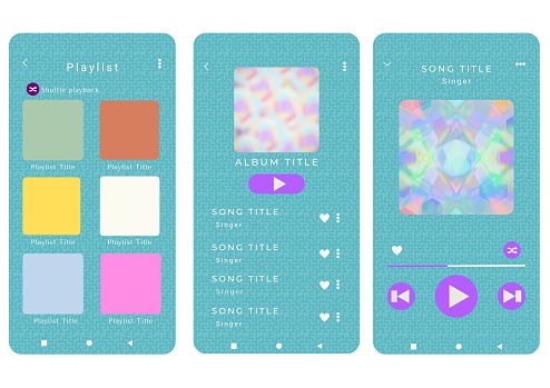 Mockup template for music player and display application charts for the mobile application. Music playlist Template with solid color theme and maze pattern with white background.