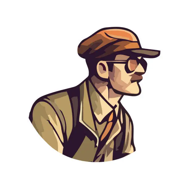 Vector illustration of man with moustache and cap, vintage silhouette