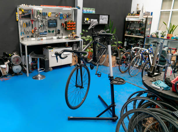 istock Broken bicycle at the repair shop 2079720862