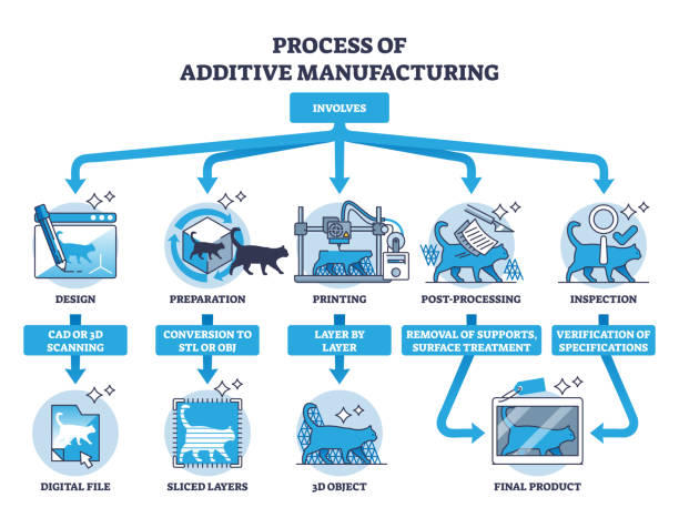 illustrations, cliparts, dessins animés et icônes de schéma des étapes de fabrication additive et d’impression 3d - procédé dimpression