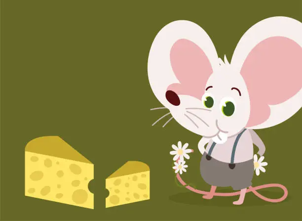 Vector illustration of little mouse with cheese